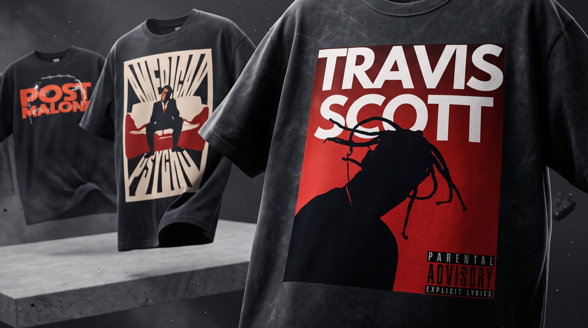 Post Malone, American Psycho and Travis Scott VORÉ oversized graphic tees on display in a smoke-lit studio