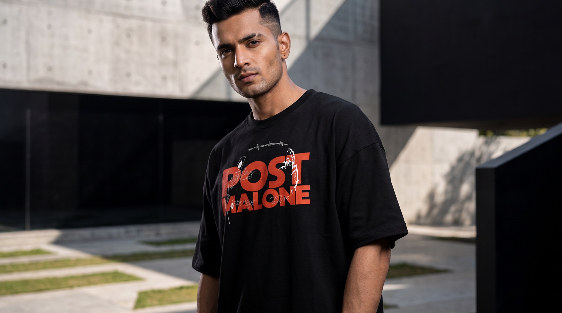 Model wearing a black VORÉ Post Malone oversized graphic tee against concrete architecture