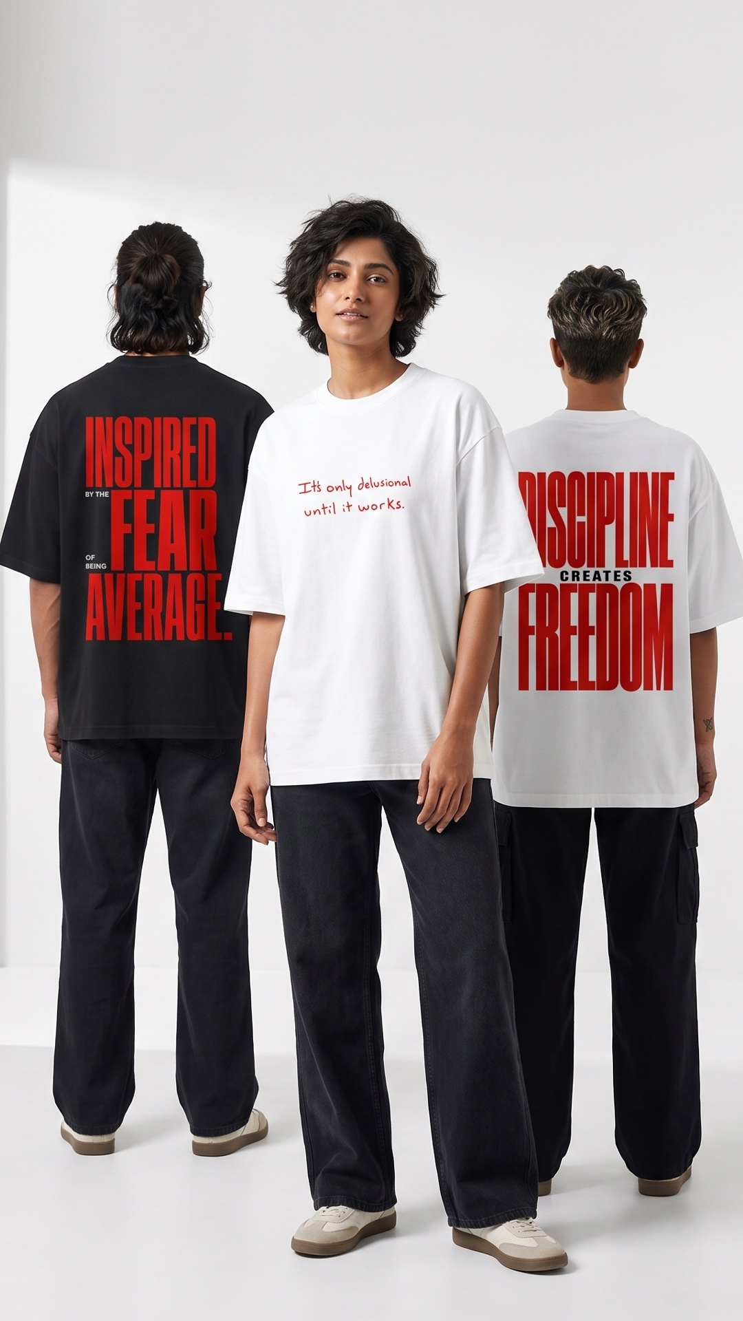 Three models in VORÉ oversized tees, including Fear Of Being Average and Discipline Creates Freedom prints
